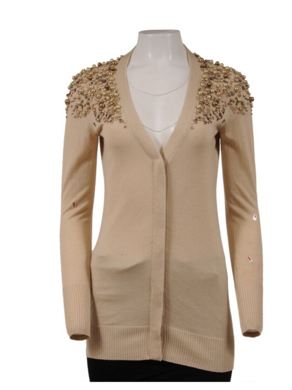 Escada Women Cardigan Medium Beige Tan Gold Cashmere Beaded Embroidered